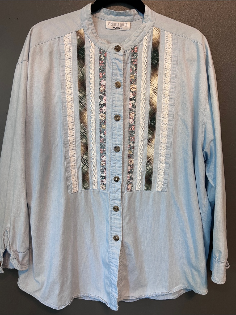 Vintage Denim Button Down With Lace And Floral Appliqué